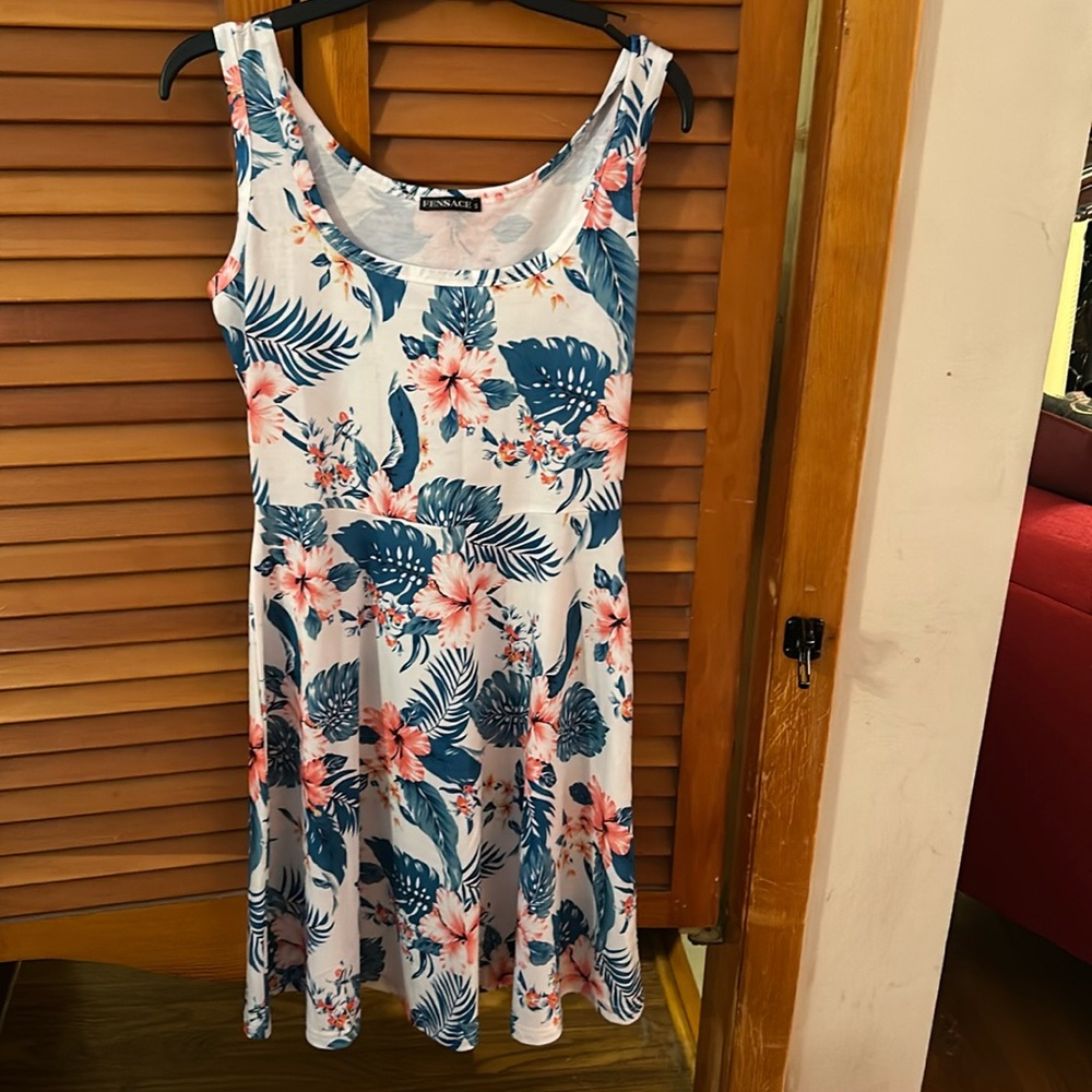 White Floral Tank Dress with Pink & Teal Print Small
